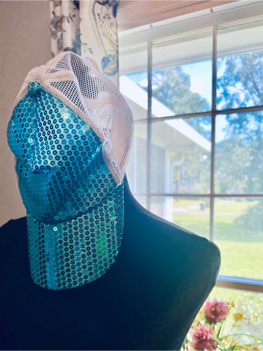 Sequin Mesh Trucker Cap.  Aqua Blue.  P80